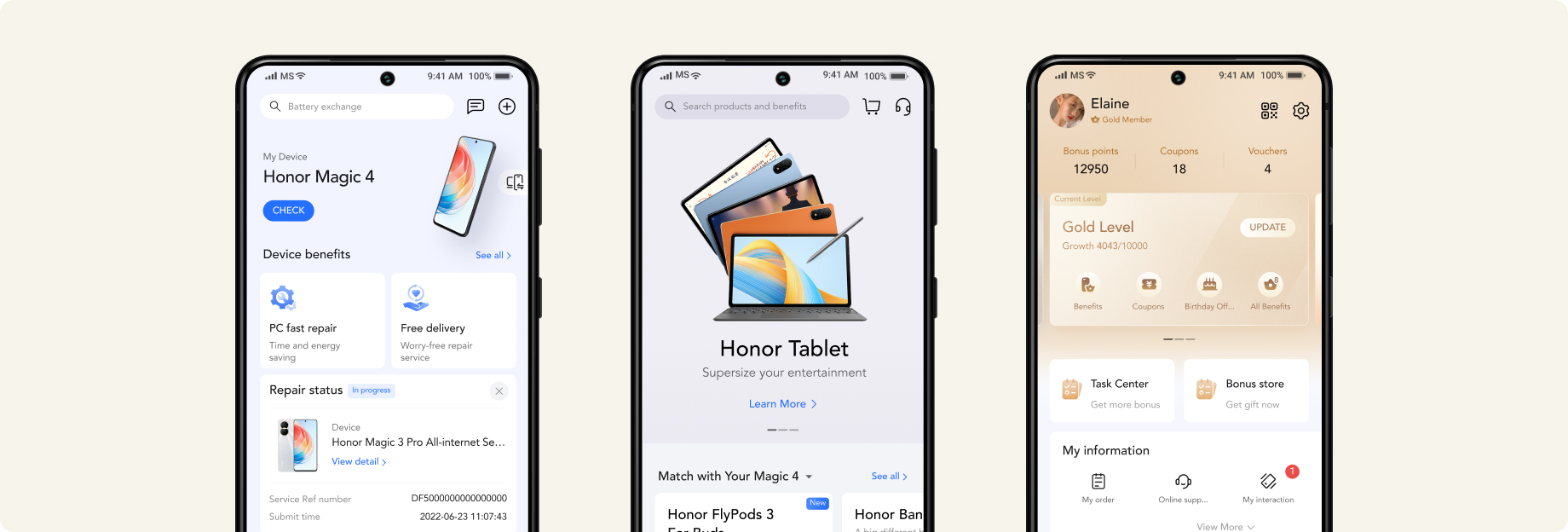 Redesigned My HONOR screens for device care, product discovery, and membership