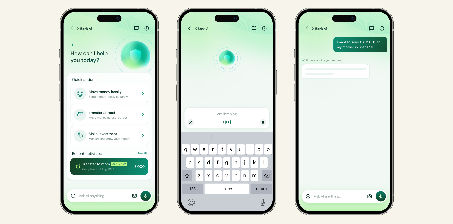 Home, listening, and chat screens for the banking assistant