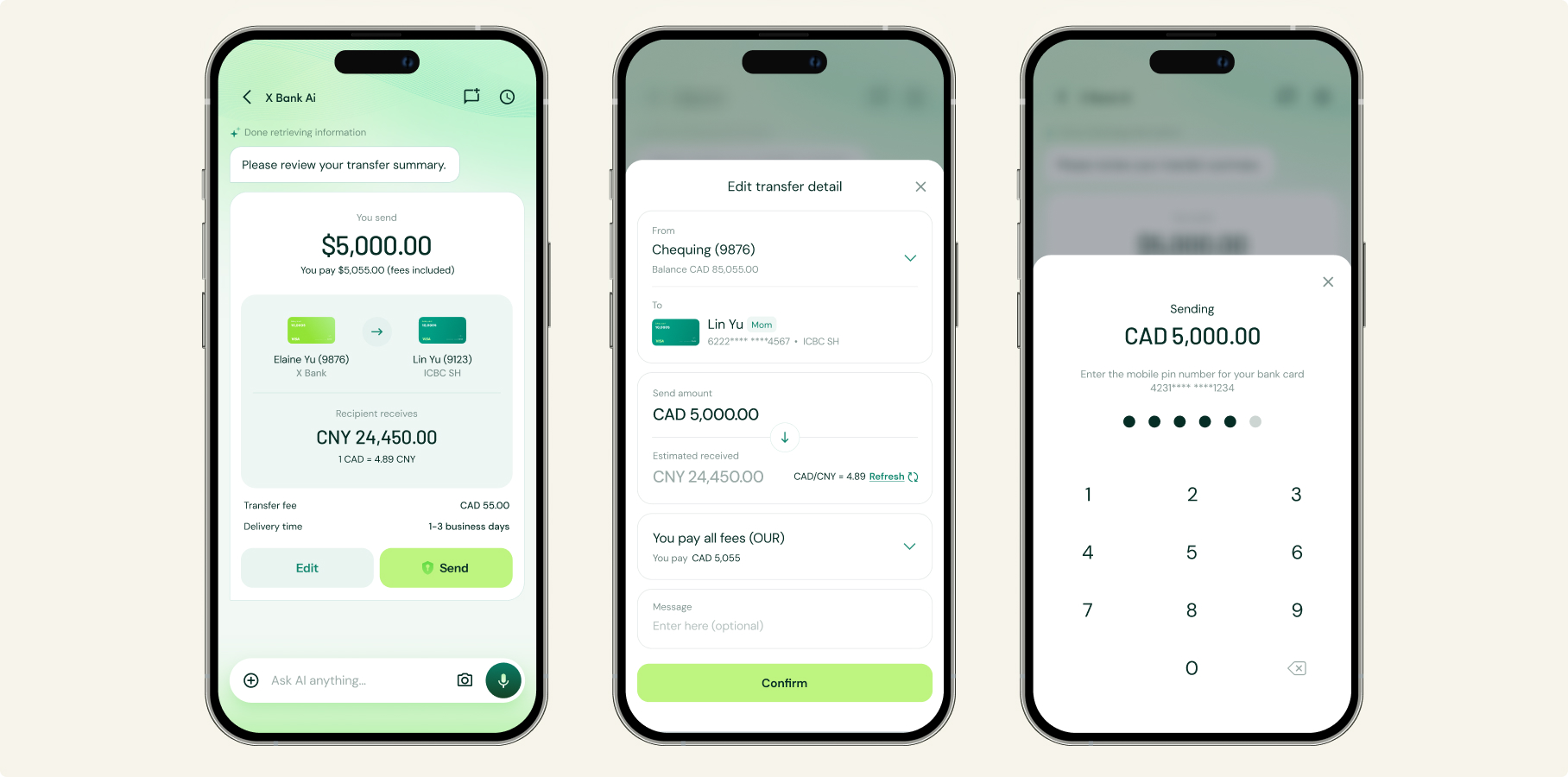 Transfer summary, editable details, and passcode entry