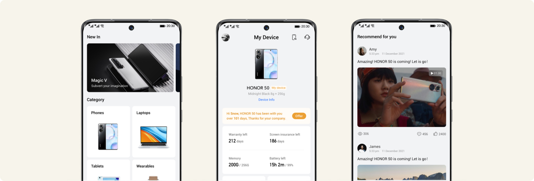 Earlier My HONOR screens for product browsing, device status, and recommendations