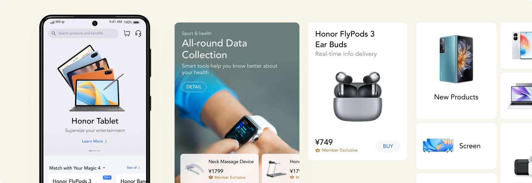 Product homepage with a tablet feature, health module, and accessory cards