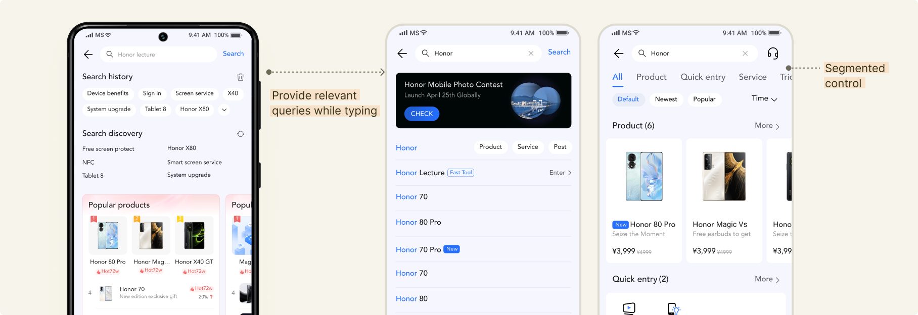 Search with history, suggested queries, and segmented results