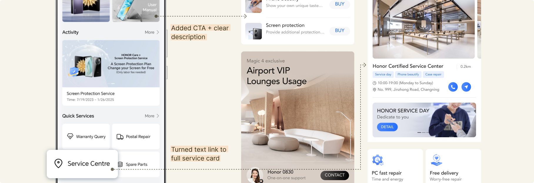 Service modules with a call to action, a service card, and quick actions