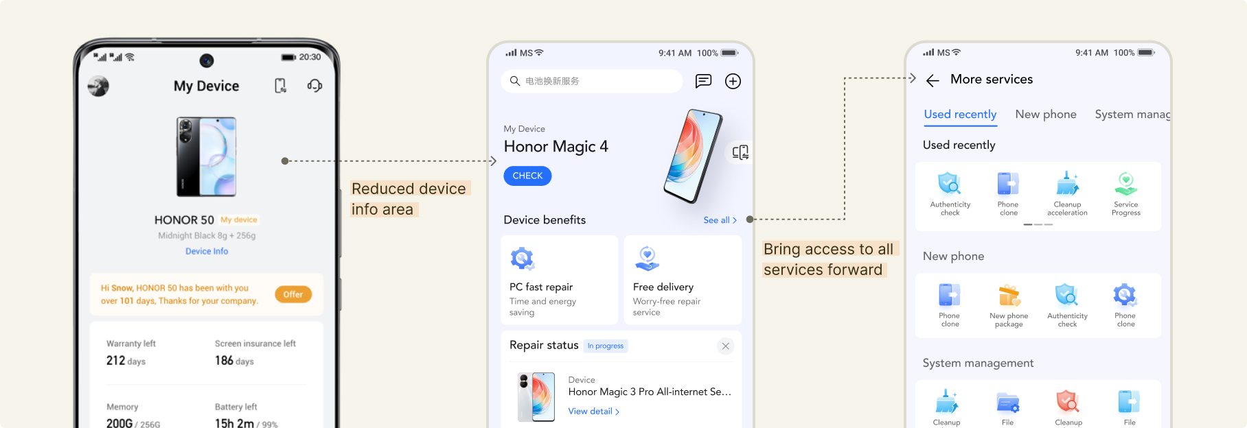 Device page with a smaller device summary and a catalogue of services