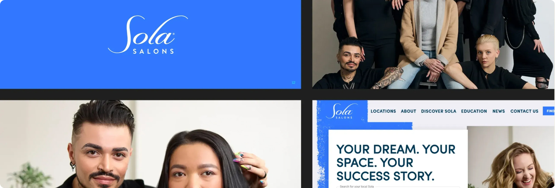 Sola Salons logo, stylists, and the booking website