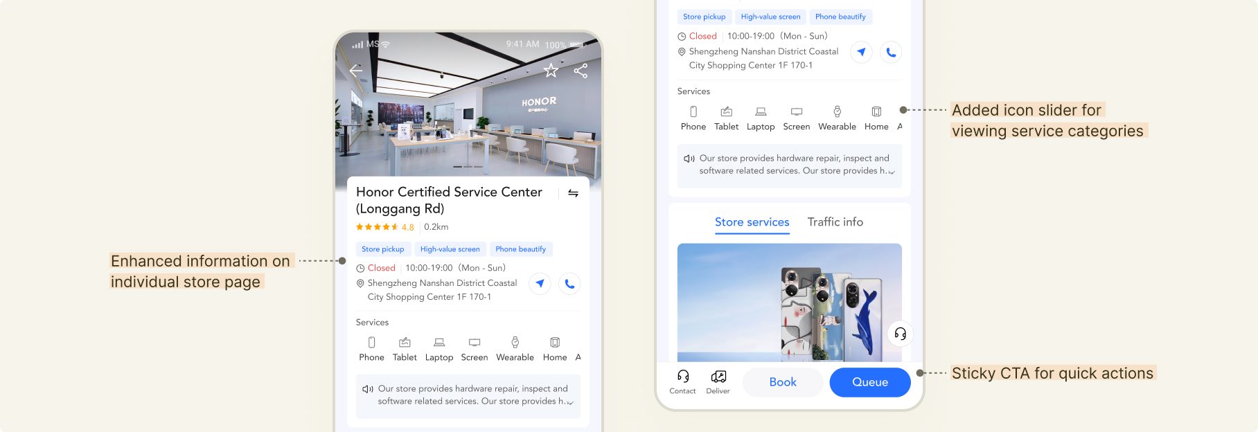 Store detail with service categories and a sticky book and queue bar