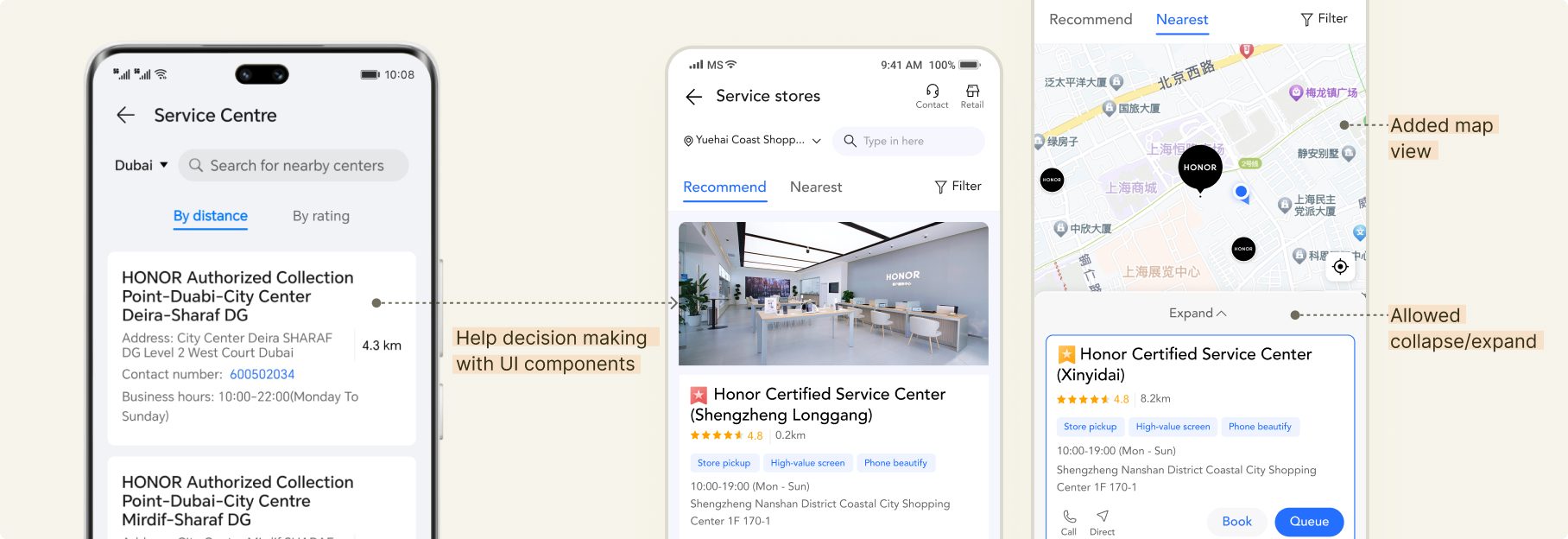 Store list, recommended store card, and map view